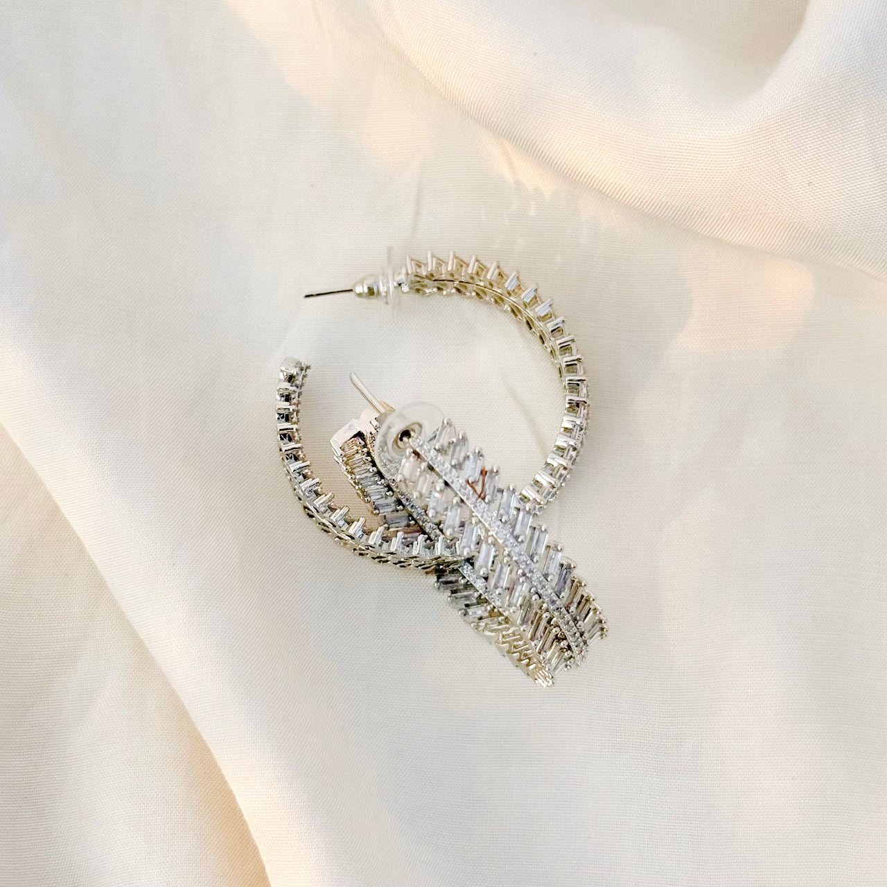 Elegant Silver Baguette Hoop Earrings – Sparkling Statement Party Jewelry