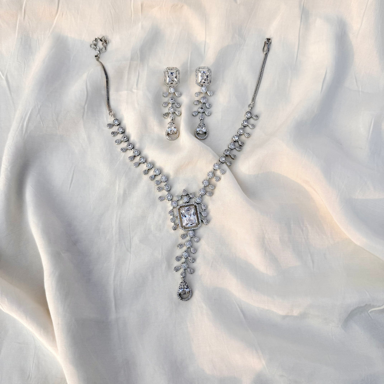 Elegant Bridal CZ AD Jewelry Set – Silver Necklace & Earrings Wedding Accessories