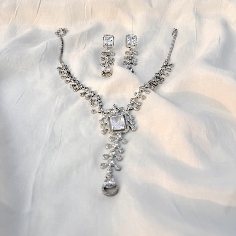 Elegant Bridal CZ AD Jewelry Set – Silver Necklace & Earrings Wedding Accessories