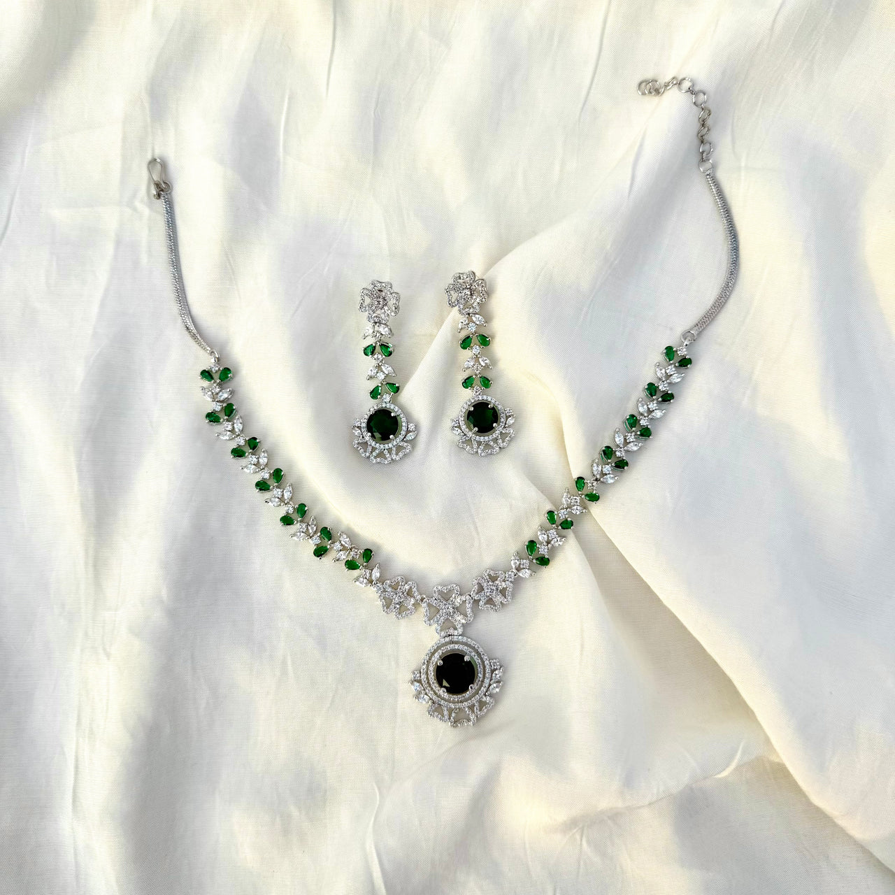 Emerald Green Crystal Jewelry Set – CZ AD Bridal Necklace & Earrings Set | Wedding Jewelry