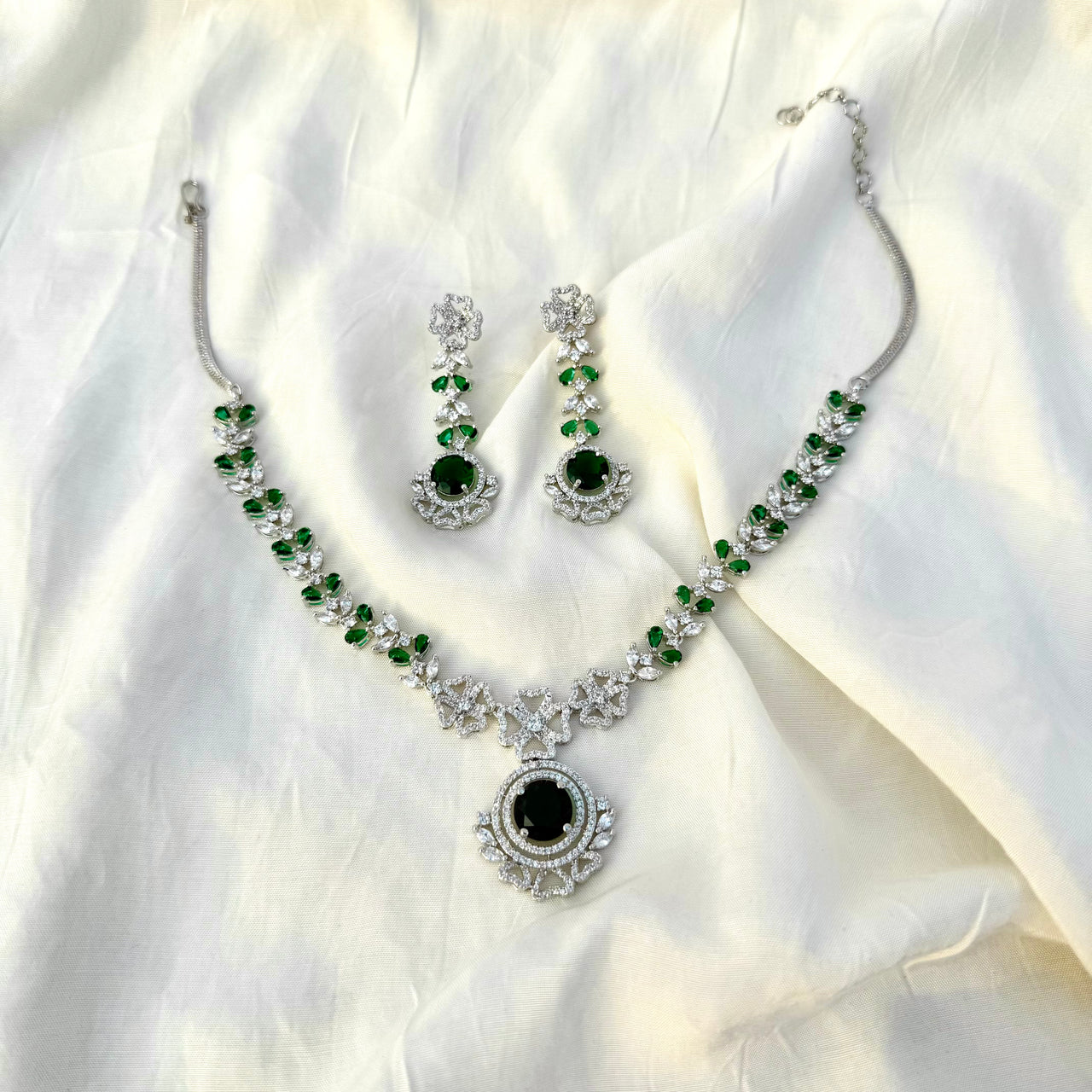Emerald Green Crystal Jewelry Set – CZ AD Bridal Necklace & Earrings Set | Wedding Jewelry