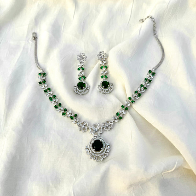 Emerald Green Crystal Jewelry Set – CZ AD Bridal Necklace & Earrings Set | Wedding Jewelry