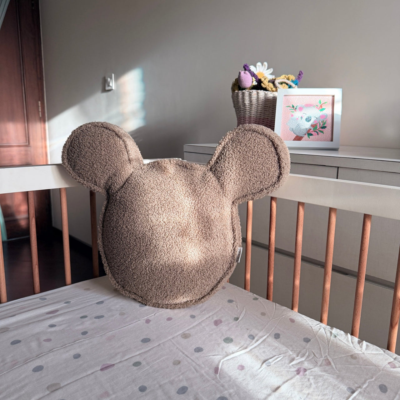 Handmade Boucle Mouse Head Pillow | Soft Teddy Nursery Cushion | Minimal Kids Room Decor | Plush Playroom Pillow
