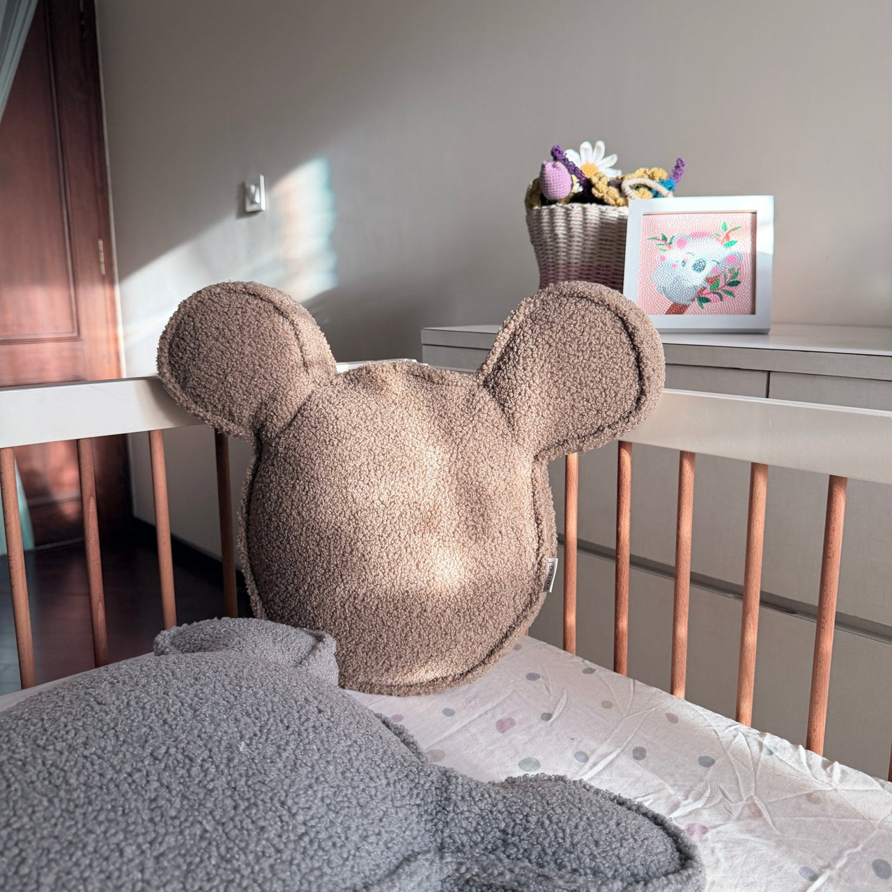 Handmade Boucle Mouse Head Pillow | Soft Teddy Nursery Cushion | Minimal Kids Room Decor | Plush Playroom Pillow