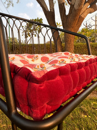 Thumbnail for Printed Cotton Chair Pad with Velvet Trim - Tufted Seat Cushion