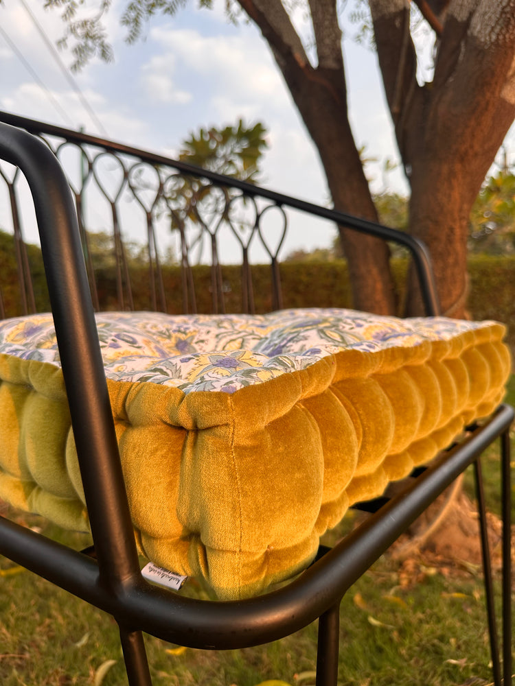 Dusty Mustard Block Printed Cotton U-Shape Chair Pad with Velvet Trim - Tufted Seat Cushion