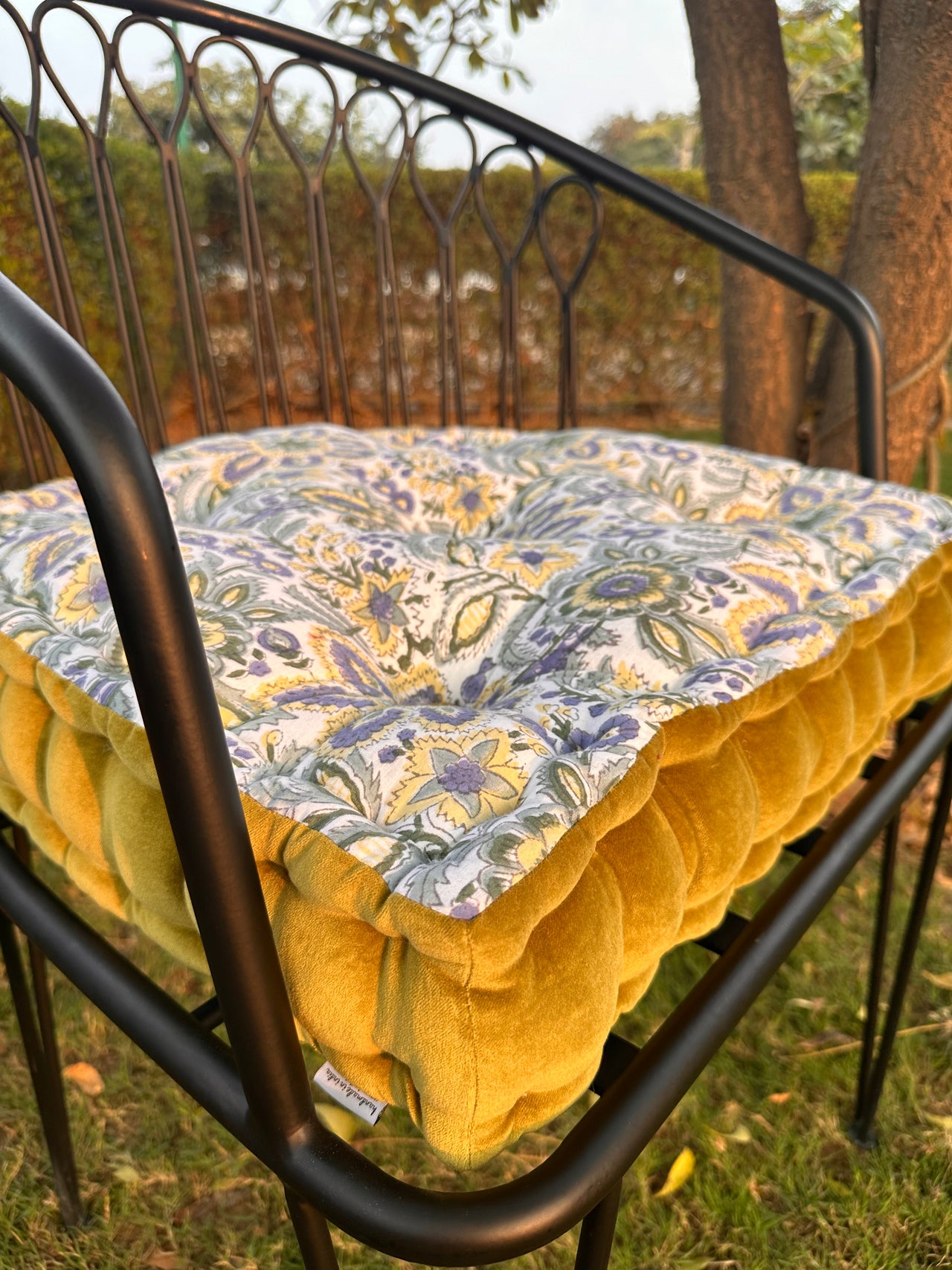 Tufted Chair Pad - Printed Cotton, Velvet Trim, Customizable