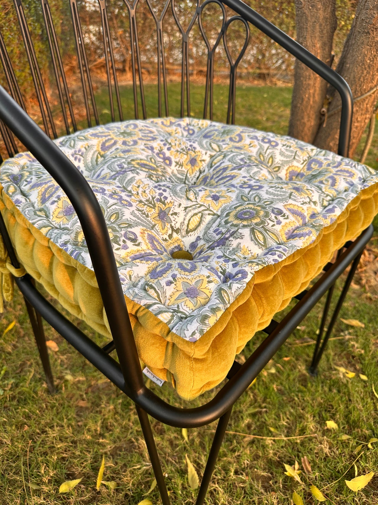 Tufted Chair Pad - Printed Cotton, Velvet Trim, Customizable