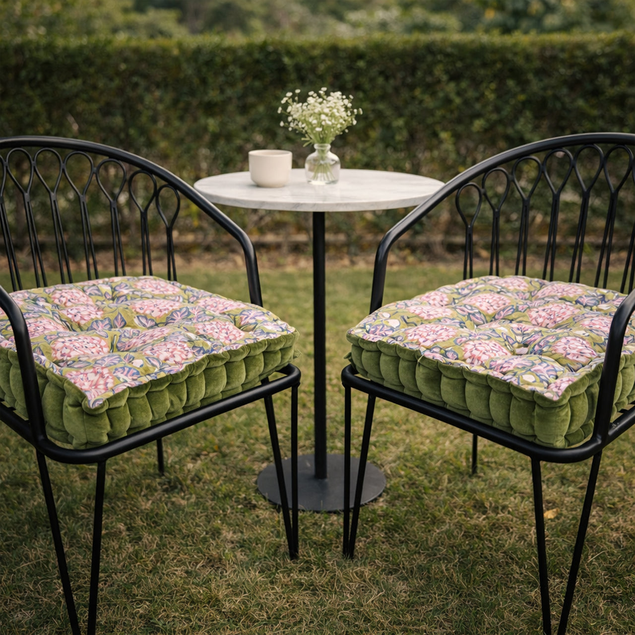 Handmade U - Shape Chair Cushion with Ties white Flowers Print