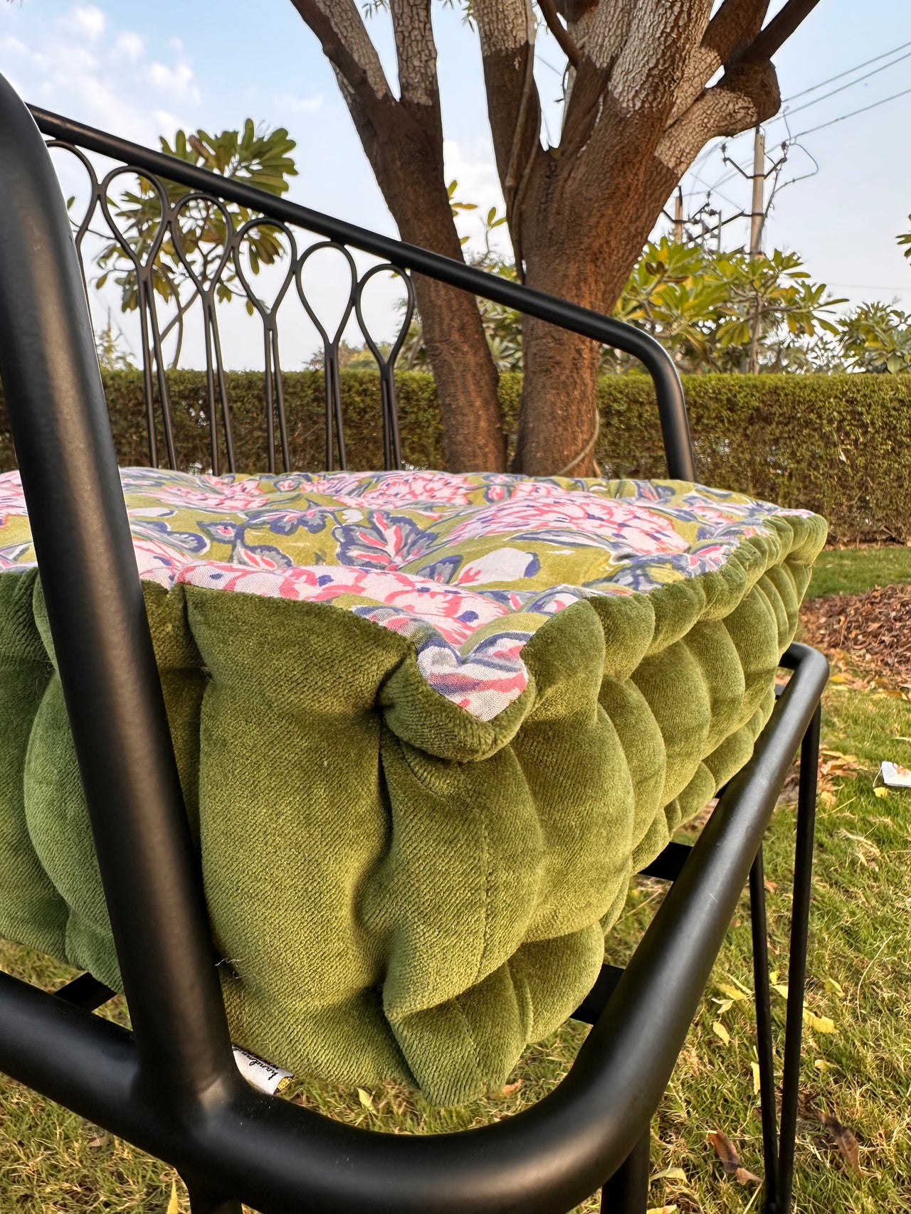 Printed Cotton Chair Pad with Velvet Trim - Tufted Seat Cushion