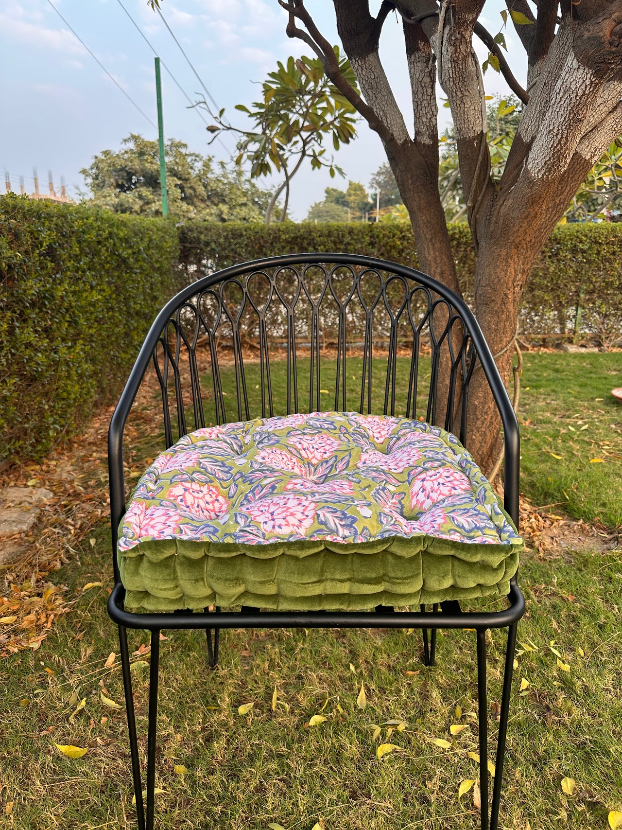 Printed Cotton Chair Pad with Velvet Trim - Tufted Seat Cushion