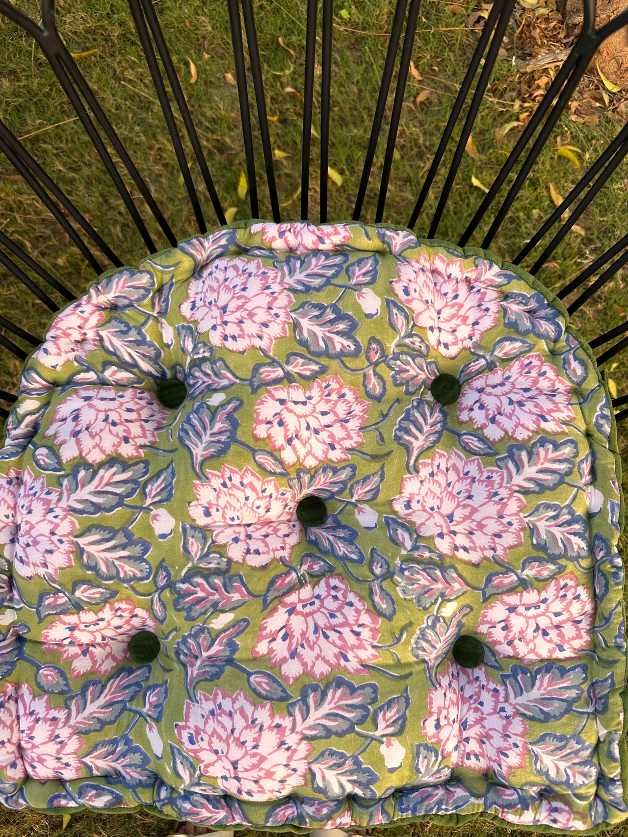 Printed Cotton Chair Pad with Velvet Trim - Tufted Seat Cushion
