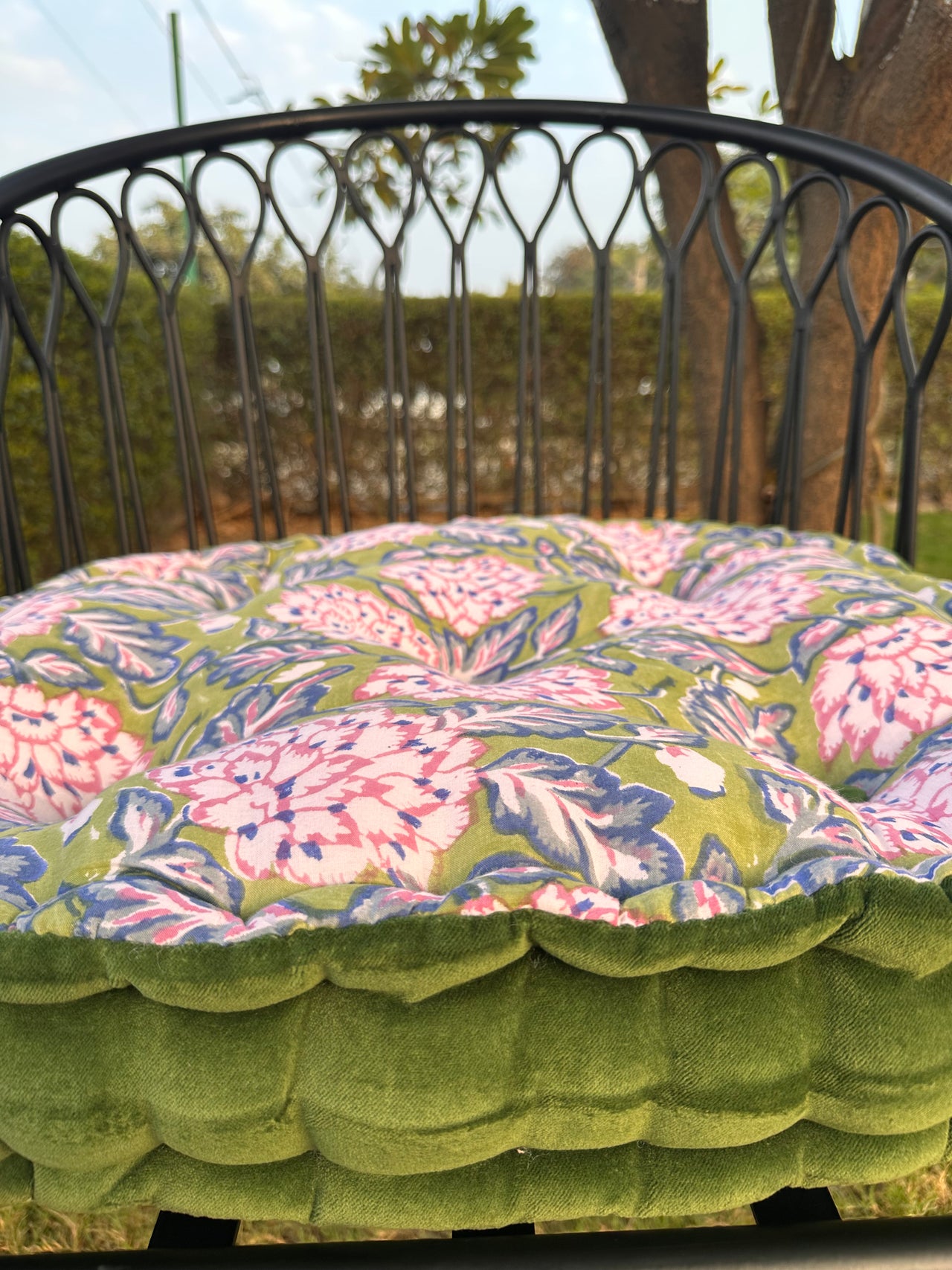 Printed Cotton Chair Pad with Velvet Trim - Tufted Seat Cushion