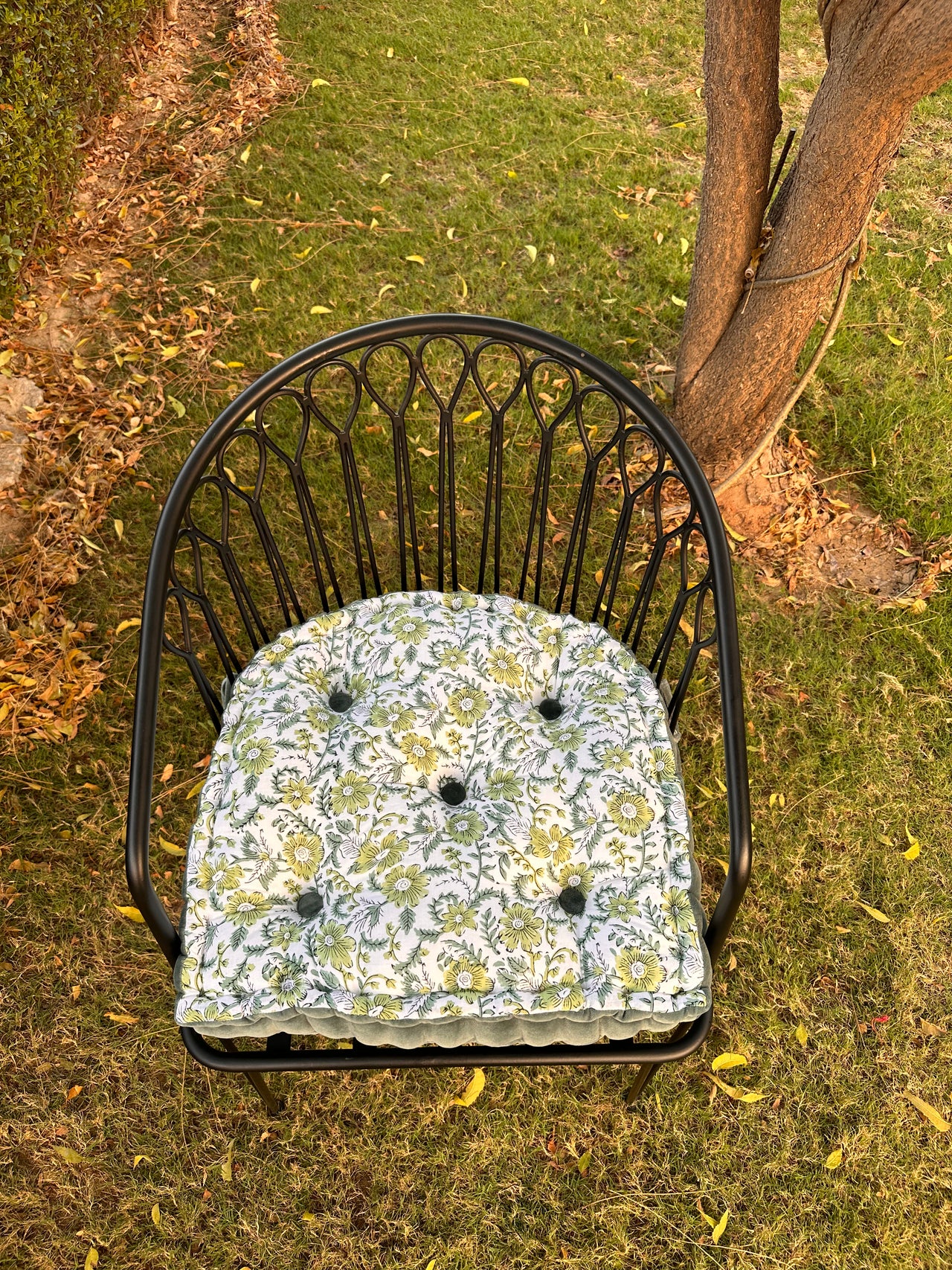Tufted Chair Pad - Printed Cotton, Velvet Trim, Customizable