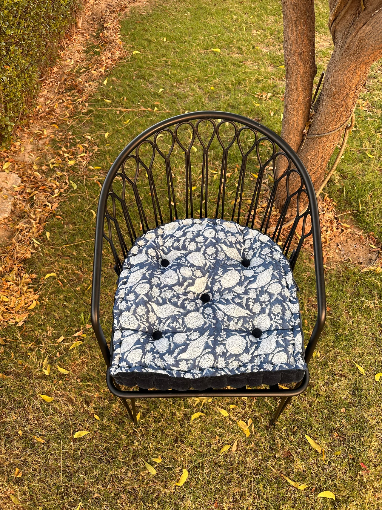 Tufted Chair Pad - Printed Cotton, Velvet Trim, Customizable
