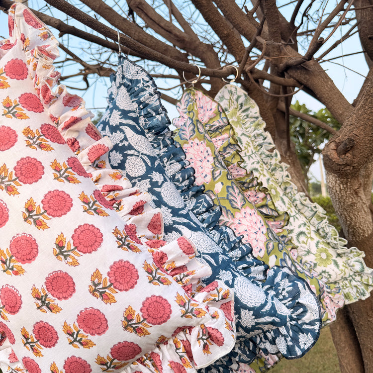 Ruffled Lumbar Pillow Cover | 100% Washed Cotton Hand Block Print Decorative Cushion Cover