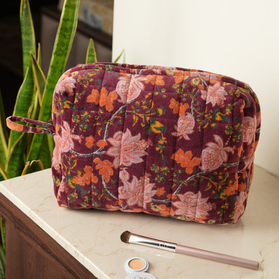 Handmade Floral Velvet Makeup Bag | Quilted Cosmetic Pouch | Cotton Lined, Travel Friendly