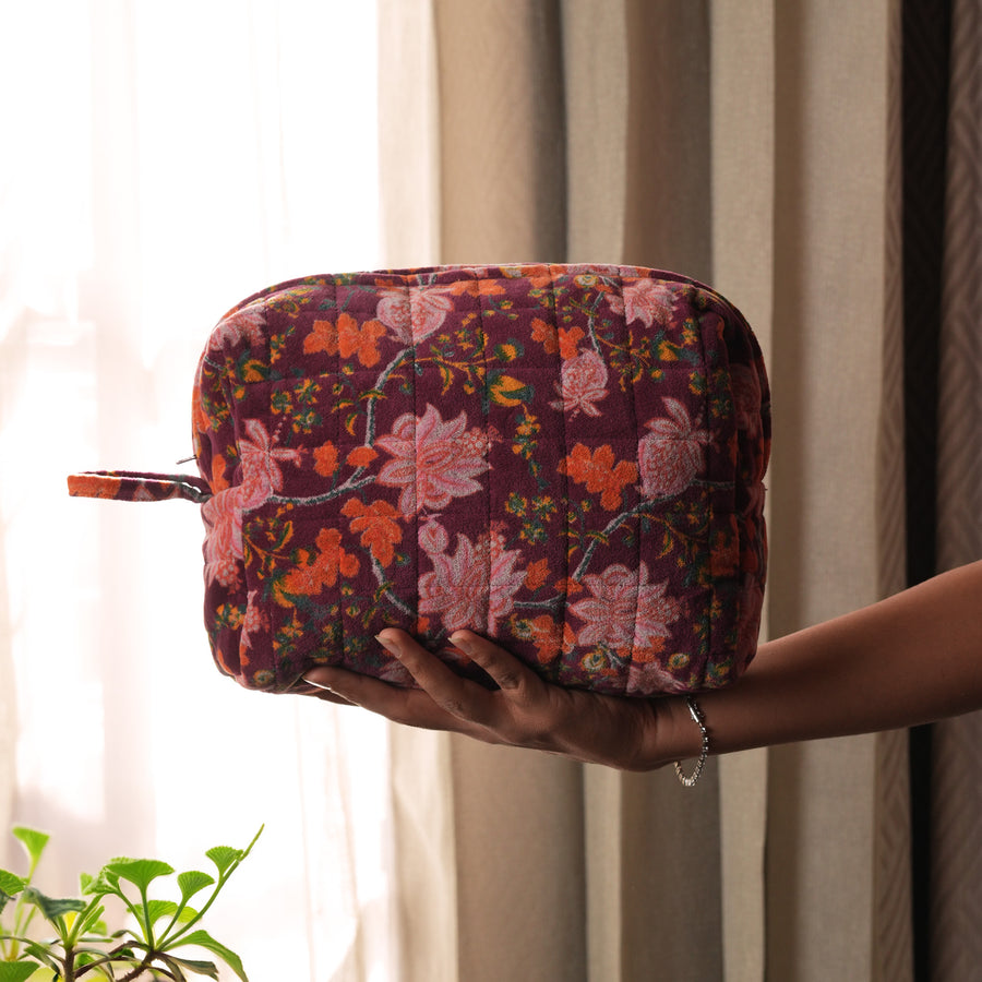 Handmade Floral Velvet Makeup Bag | Quilted Cosmetic Pouch | Cotton Lined, Travel Friendly