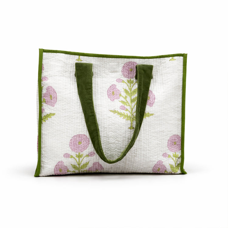 Cotton printed Velvet Cotton Quilted Tote Bag: flower Print, Boho Indian Style