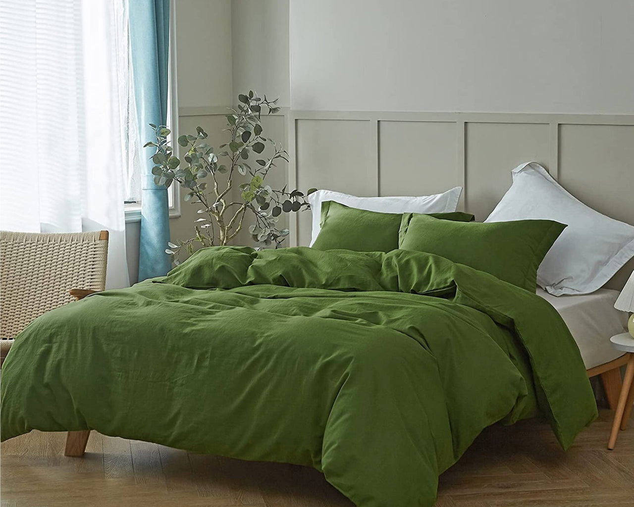 Moss Green Cotton Duvet Cover: 400 TC Washed Bedding Set