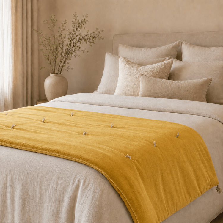 Mustard Cotton Velvet Bed Runner | Hand-Tucked Bed Scarf with Tassels | Luxury Sofa Throw