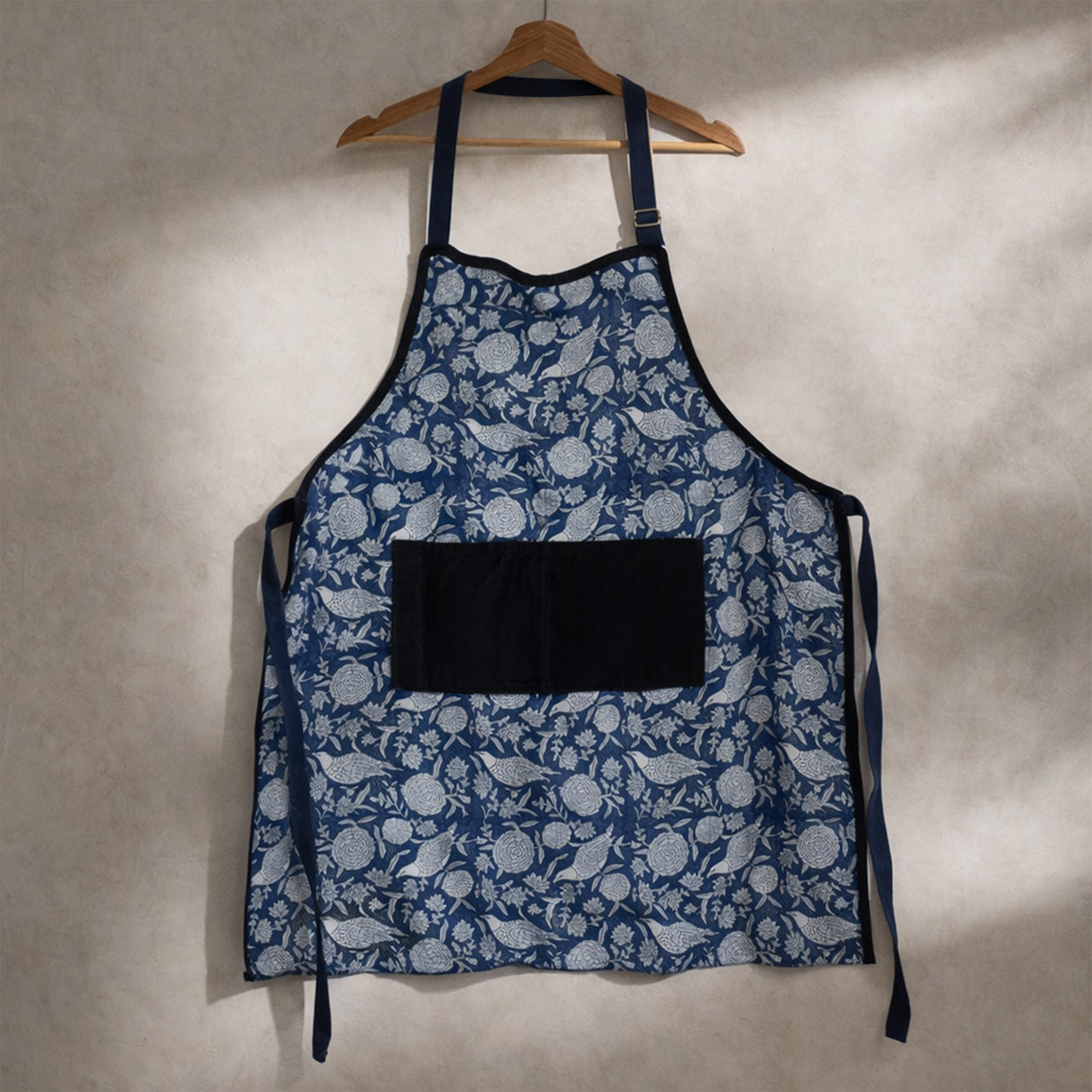 Handmade Block Print Cotton Apron, Velvet Pocket, Adjustable Straps