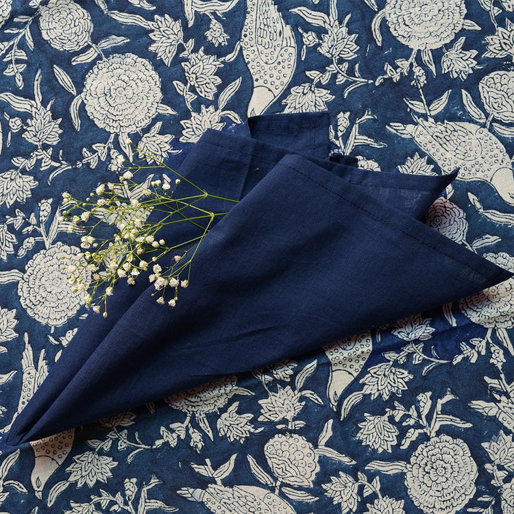 Navy Blue Hand Block Print Round Tablecloth – Floral Cotton Table Cover, French Country Decor, Boho Wedding Table Linen