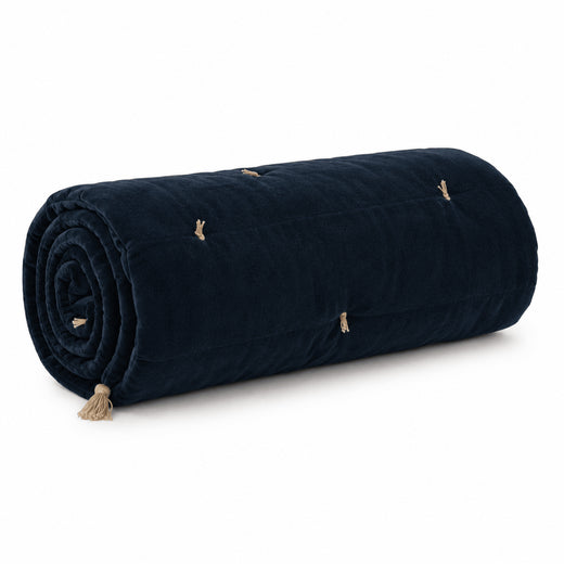 Navy Cotton Velvet Bed Runner | Hand-Tucked Bed Scarf with Tassels | Luxury Sofa Throw