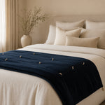 Thumbnail for Navy Cotton Velvet Bed Runner | Hand-Tucked Bed Scarf with Tassels | Luxury Sofa Throw
