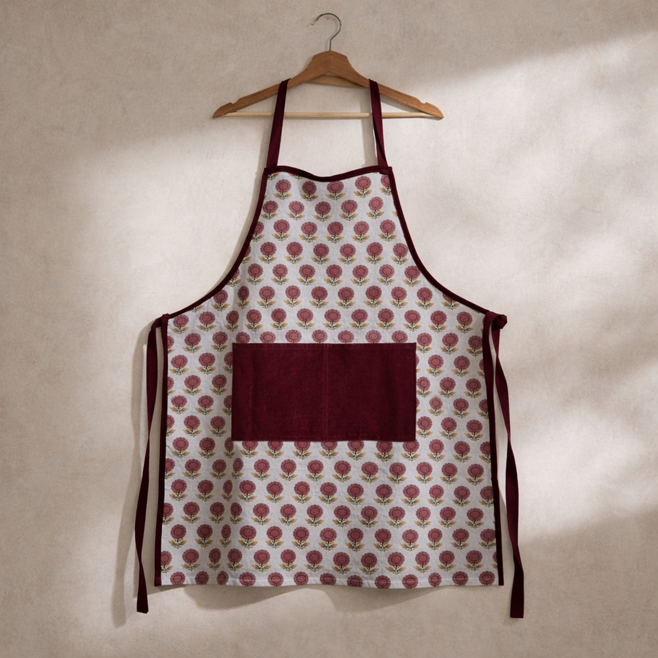 Handmade Block Print Cotton Apron, Velvet Pocket, Adjustable Straps