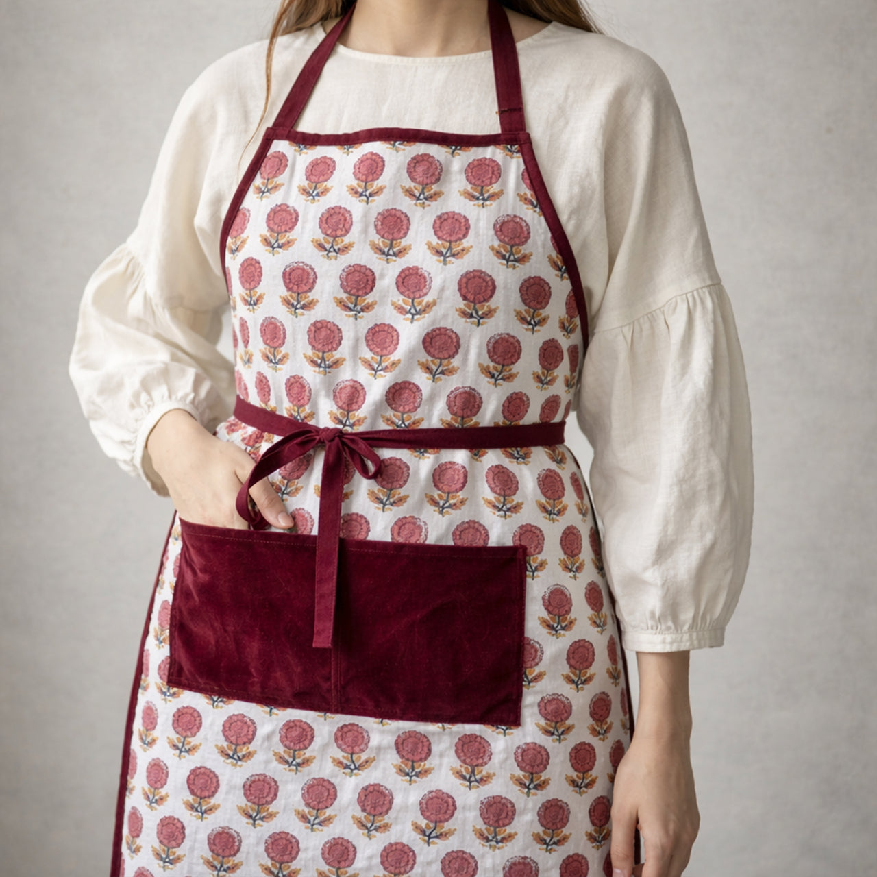Handmade Block Print Cotton Apron, Velvet Pocket, Adjustable Straps