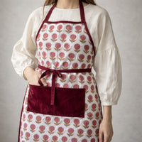 Thumbnail for Handmade Block Print Cotton Apron, Velvet Pocket, Adjustable Straps
