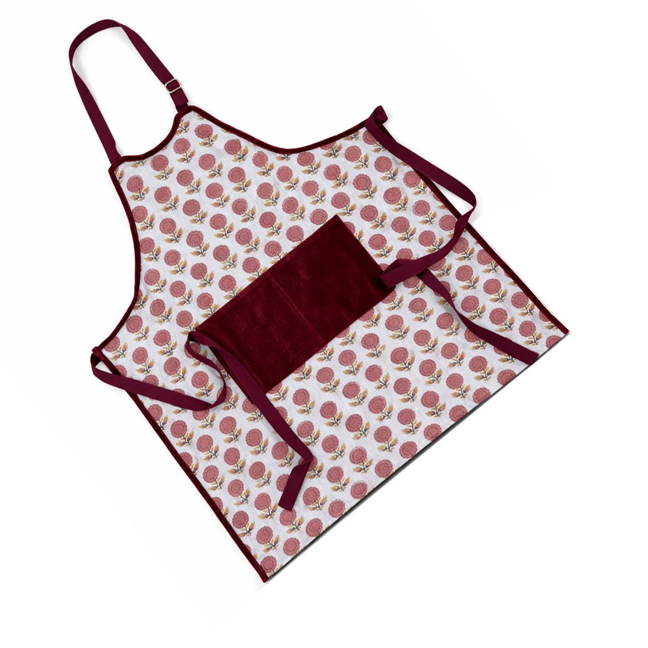 Handmade Block Print Cotton Apron, Velvet Pocket, Adjustable Straps