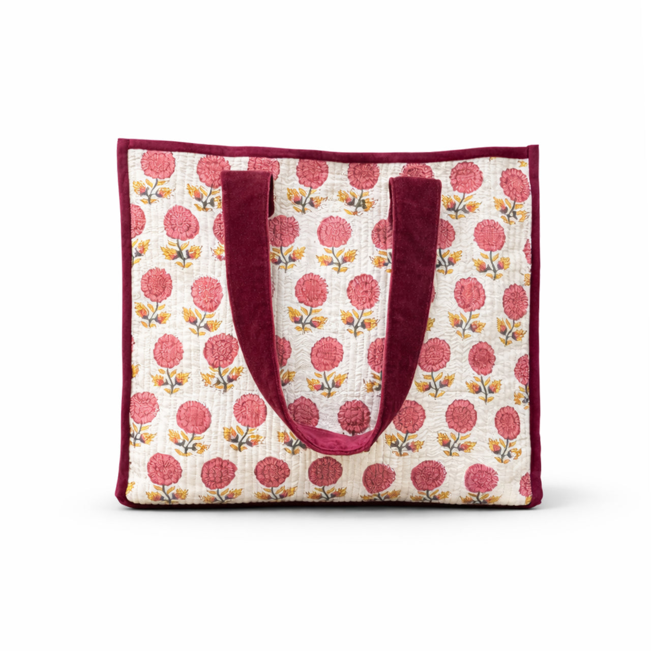 Cotton printed Velvet Cotton Quilted Tote Bag: flower Print, Boho Indian Style