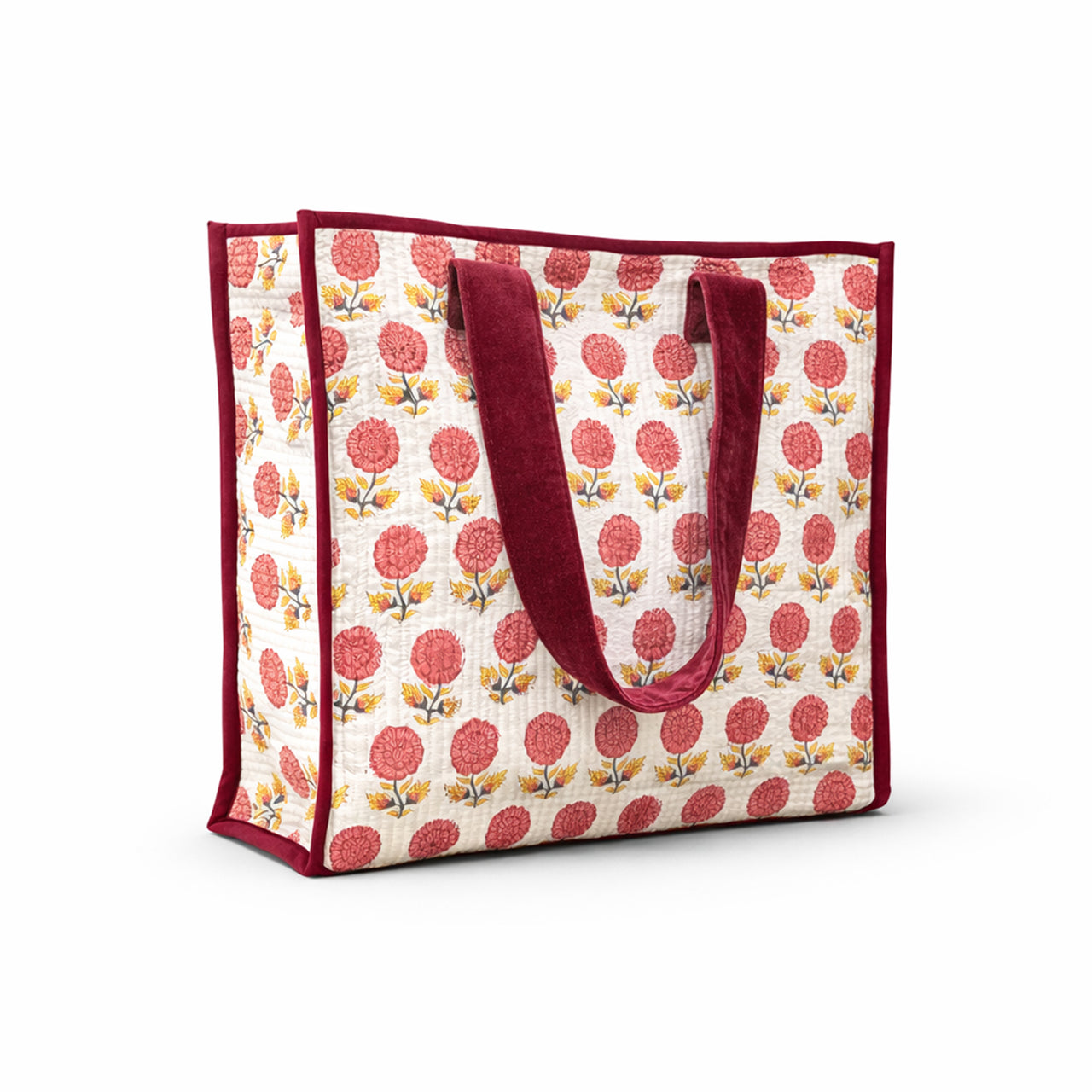 Cotton printed Velvet Cotton Quilted Tote Bag: flower Print, Boho Indian Style