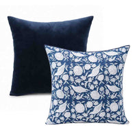 Thumbnail for Navy Reversible Velvet Pillow Cover, Hand Block Cotton Cushion Case
