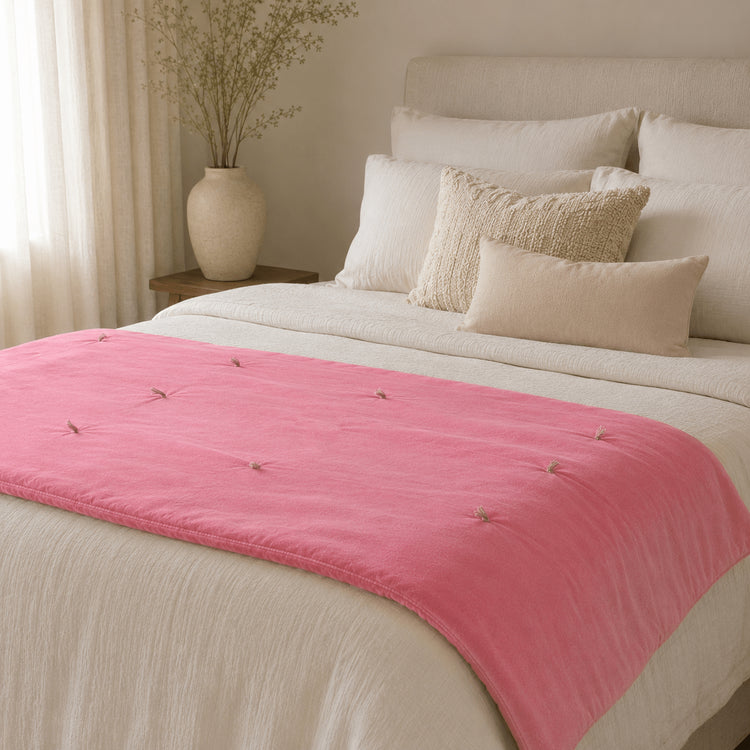 Rose Pink Cotton Velvet Bed Runner | Hand-Tucked Bed Scarf with Tassels | Luxury Sofa Throw