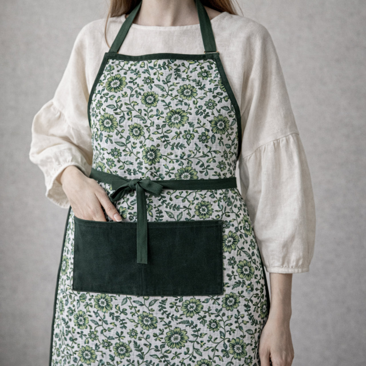 Handmade Block Print Cotton Apron, Velvet Pocket, Adjustable Straps
