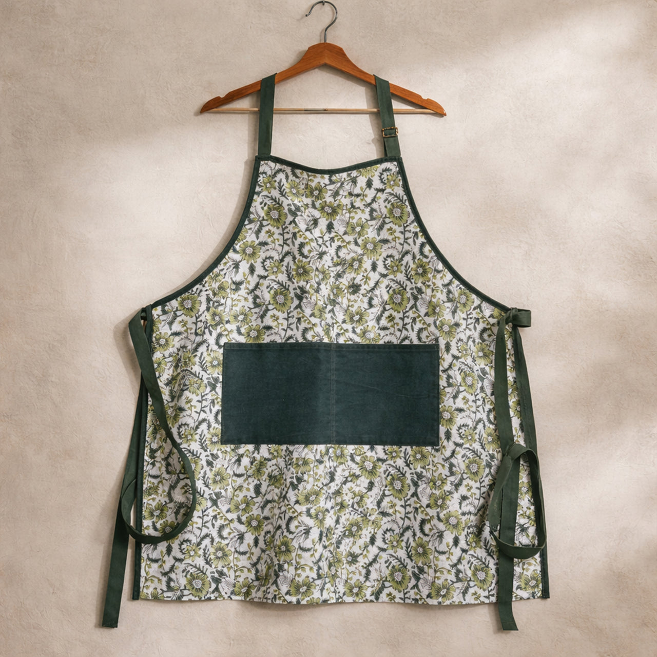 Handmade Block Print Cotton Apron, Velvet Pocket, Adjustable Straps