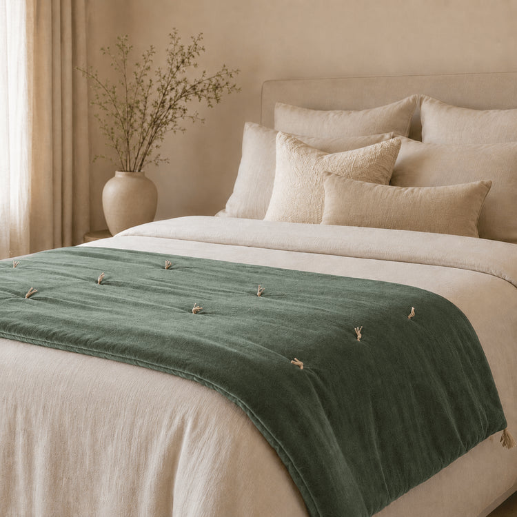 Sage Cotton Velvet Bed Runner | Hand-Tucked Bed Scarf with Tassels | Luxury Sofa Throw