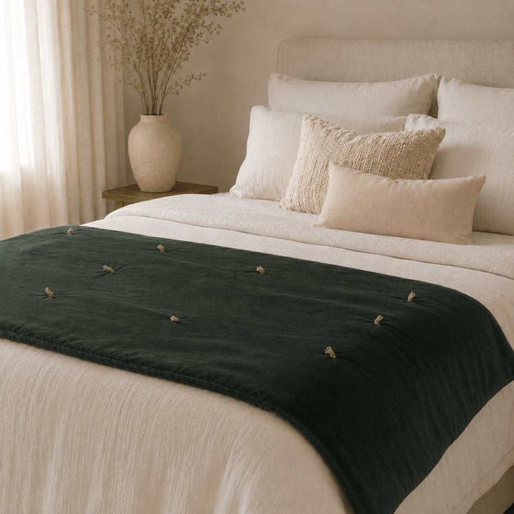 Sea Weed Cotton Velvet Bed Runner | Hand-Tucked Bed Scarf with Tassels | Luxury Sofa Throw