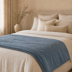 Thumbnail for Smoke Blue Cotton Velvet Bed Runner | Hand-Tucked Bed Scarf with Tassels | Luxury Sofa Throw