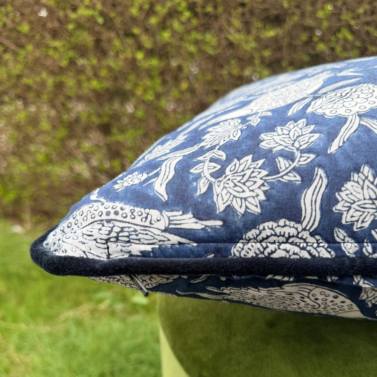 Hand Block Printed Cushion Cover with Cotton Velvet Piping | Custom Size