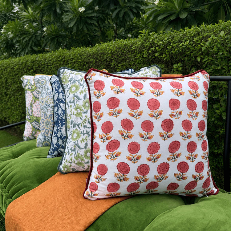 Hand Block Printed Cushion Cover with Cotton Velvet Piping | Custom Size