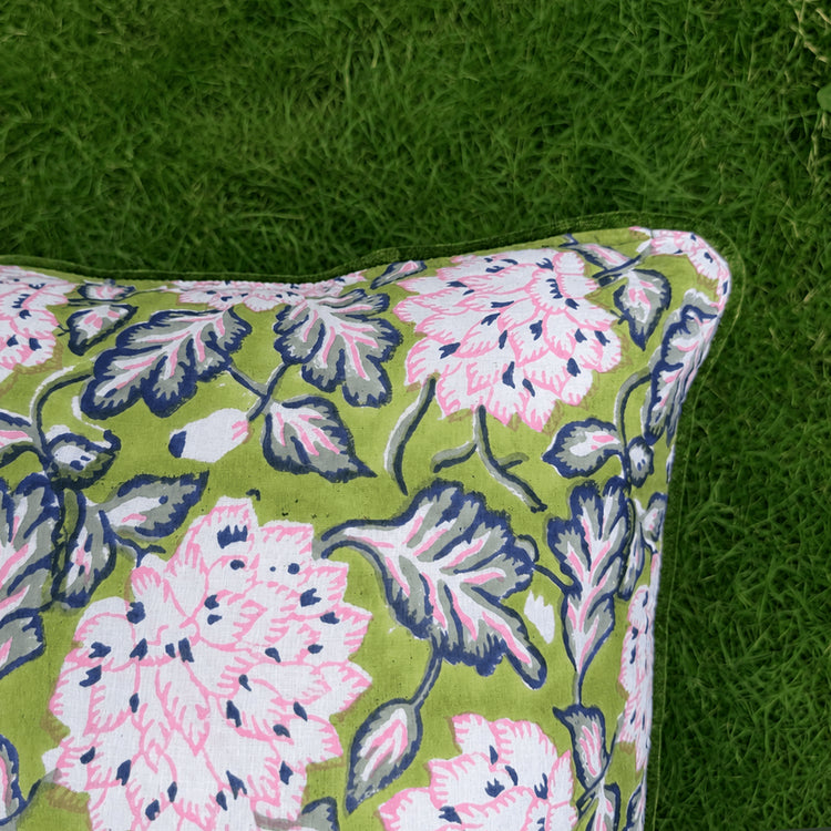 Hand Block Printed Cushion Cover with Cotton Velvet Piping | Custom Size