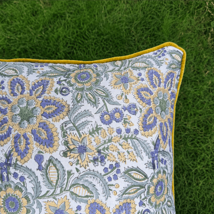 Hand Block Printed Cushion Cover with Cotton Velvet Piping | Custom Size