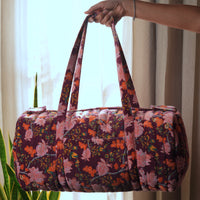Thumbnail for Handmade Quilted Velvet Travel Bag | Floral Duffle with Pockets | Cotton Lined & Eco-Padded