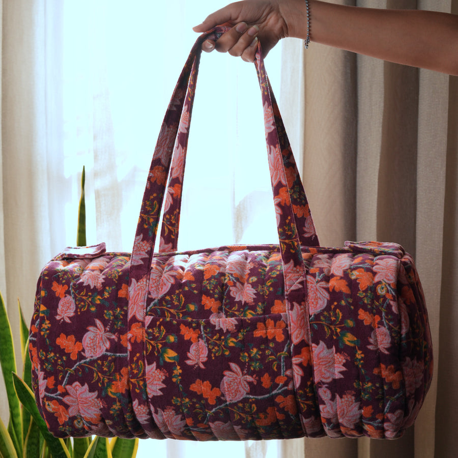 Handmade Quilted Velvet Travel Bag | Floral Duffle with Pockets | Cotton Lined & Eco-Padded