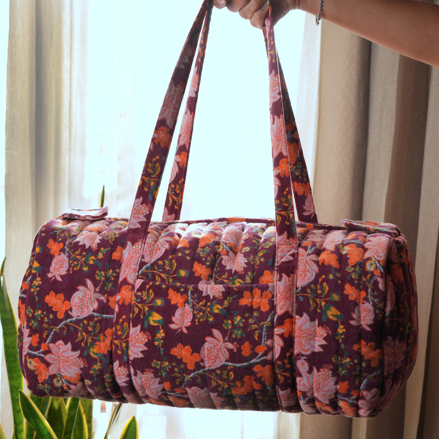 Handmade Quilted Velvet Travel Bag | Floral Duffle with Pockets | Cotton Lined & Eco-Padded