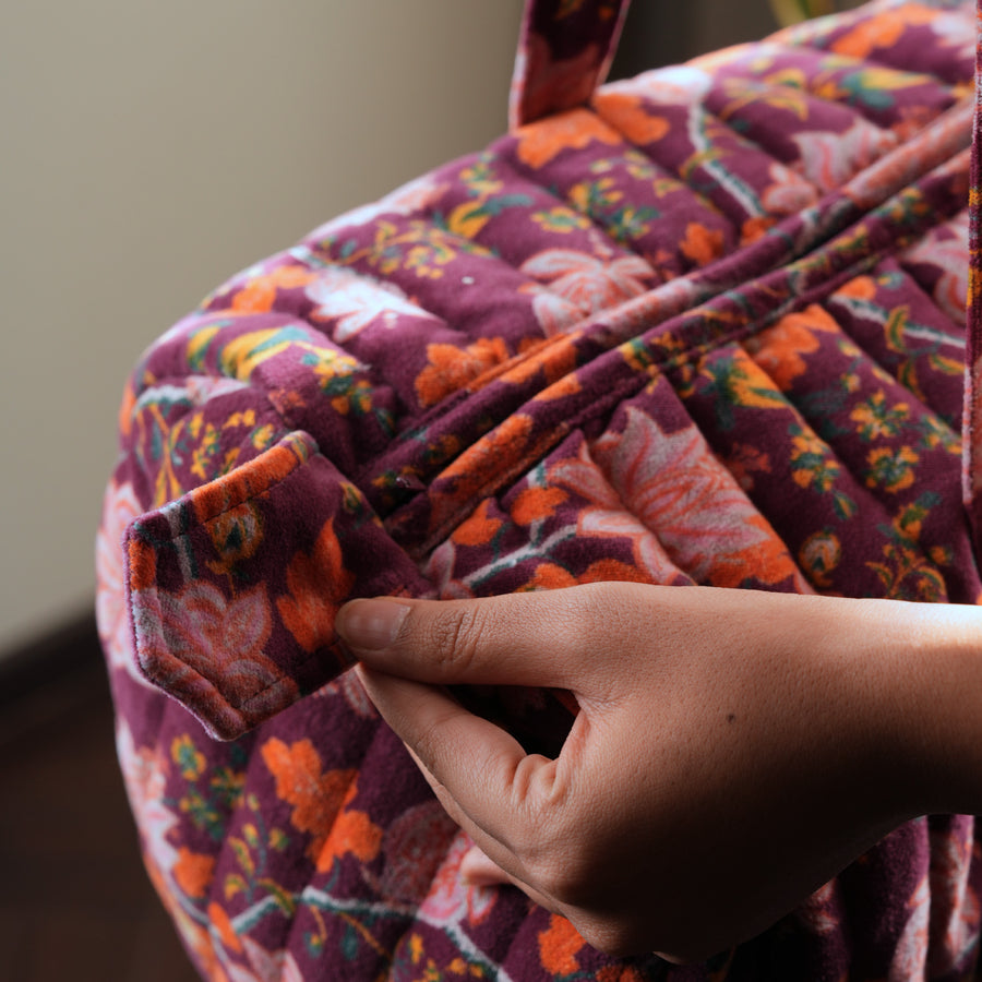 Handmade Quilted Velvet Travel Bag | Floral Duffle with Pockets | Cotton Lined & Eco-Padded